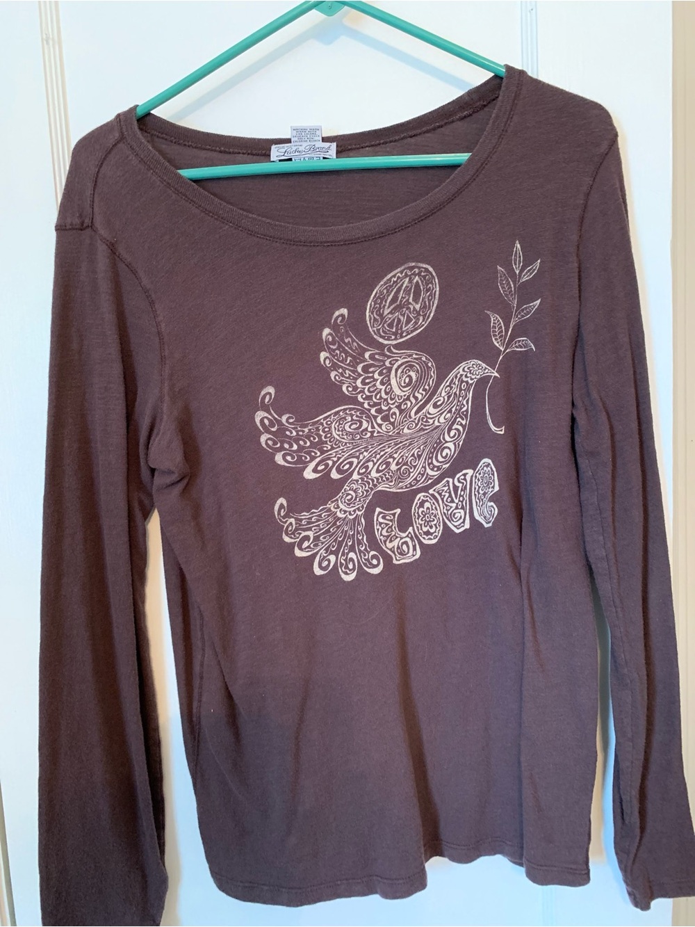 Lucky brand Brown Long Sleeve Tee with White Dove size large